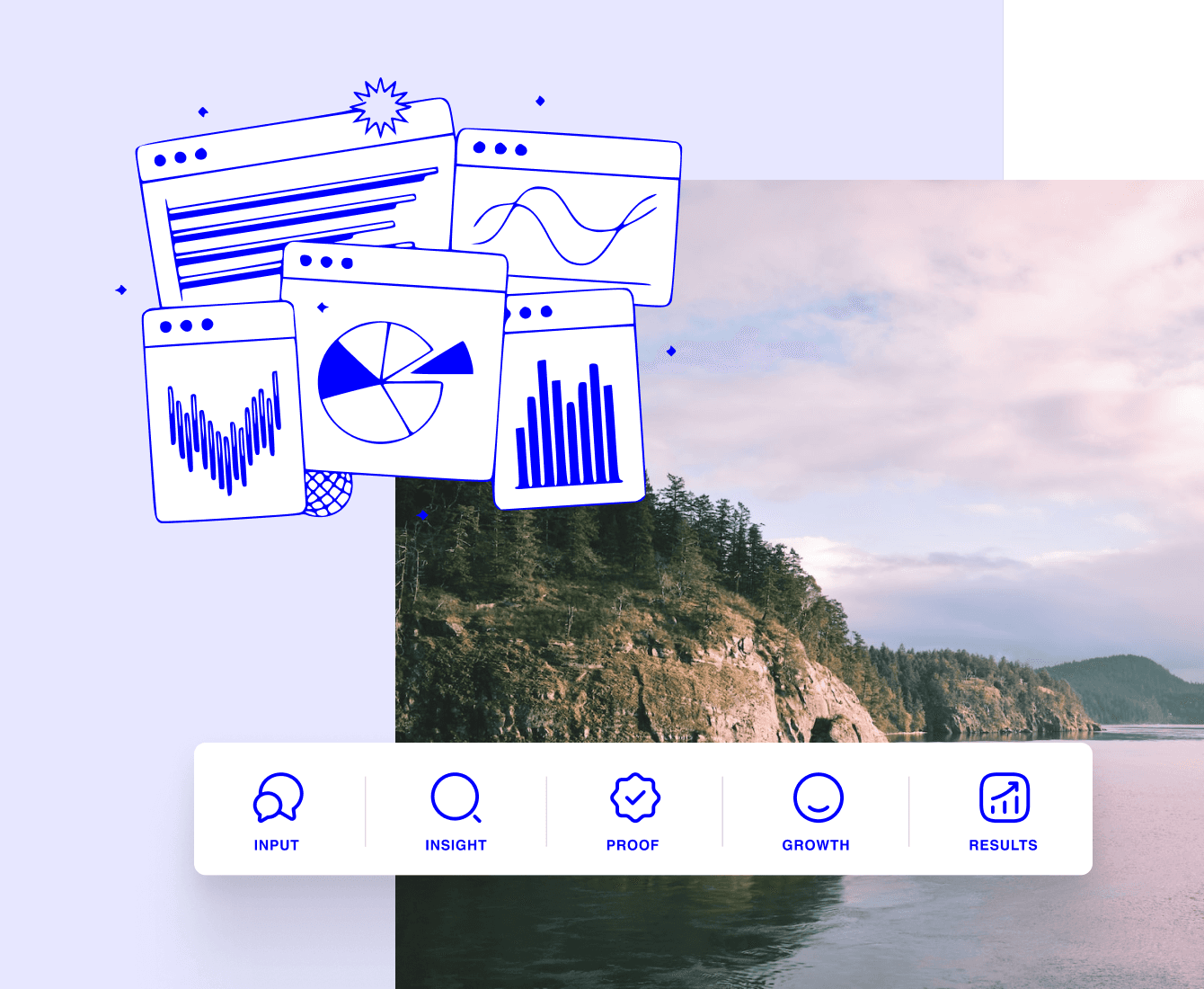 Illustrated survey charts over a photo of a forested Salt Spring shoreline