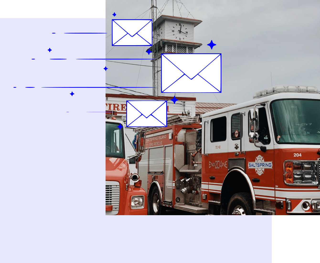 Salt Spring Island Fire-Rescue trucks outside the fire hall, with illustrated envelopes