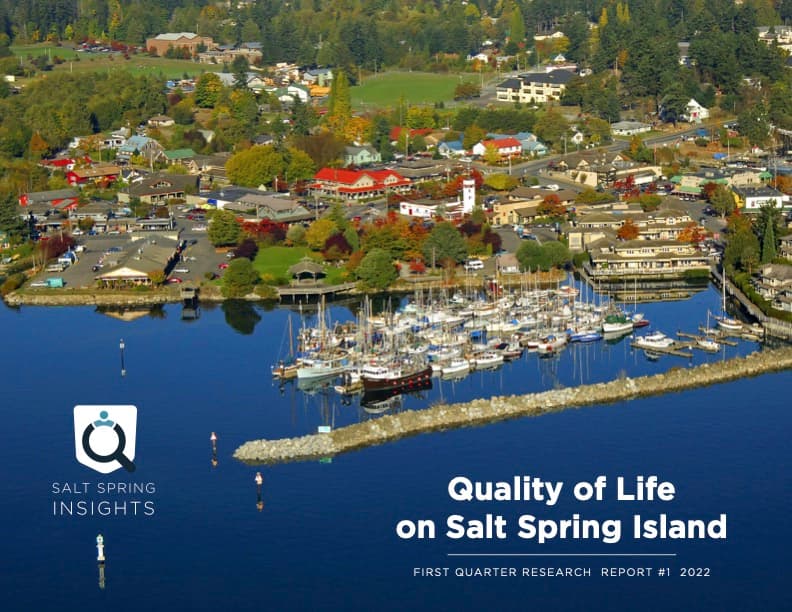 Cover of the Quality of Life on Salt Spring Island report, showing an aerial view of Ganges harbour and marina